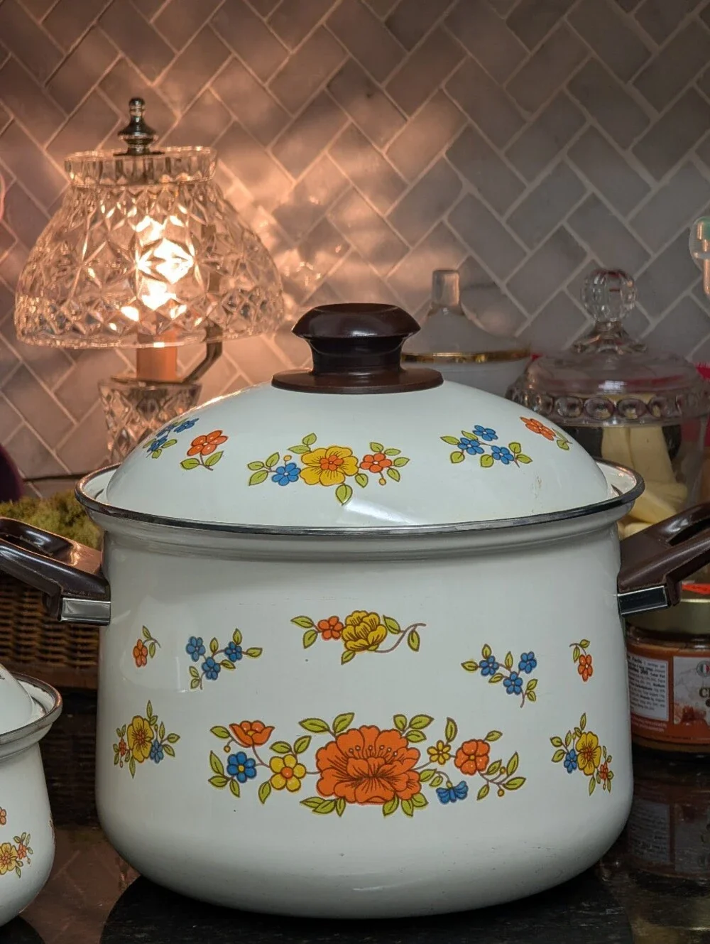 vintage 1970s enamel pots in the 